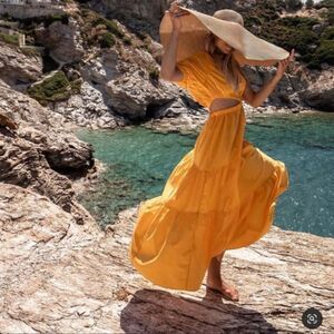Mango Nieves Vent Cotton Maxi Yellow Dress Size S